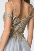 Elizabeth K GS2808's Short Cold Shoulder Dress with Gold Appliques