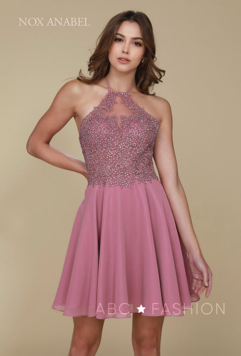 Short Halter Bodice Dress with Appliques by Nox Anabel G657