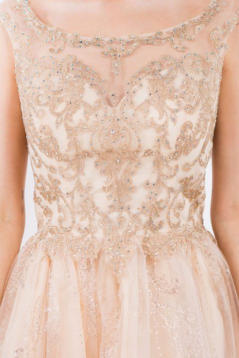 Elizabeth K GS1964: Short Dress with Illusion Neckline and Glitter Print