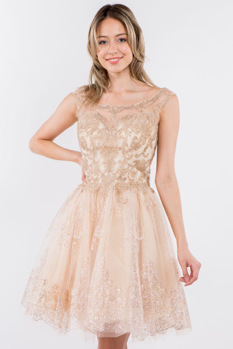 Elizabeth K GS1964: Short Dress with Illusion Neckline and Glitter Print