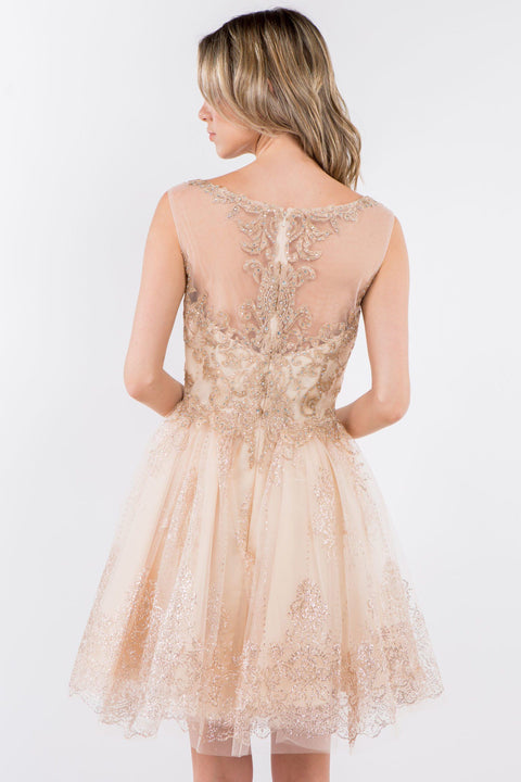 Elizabeth K GS1964: Short Dress with Illusion Neckline and Glitter Print