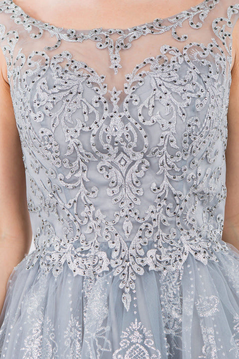 Elizabeth K GS1964: Short Dress with Illusion Neckline and Glitter Print