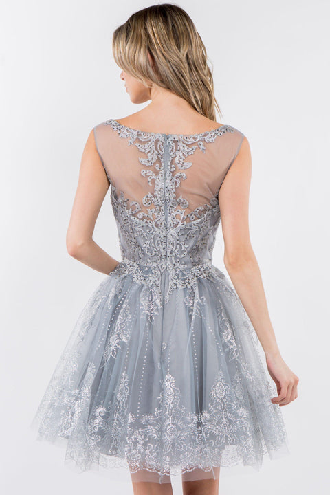 Elizabeth K GS1964: Short Dress with Illusion Neckline and Glitter Print