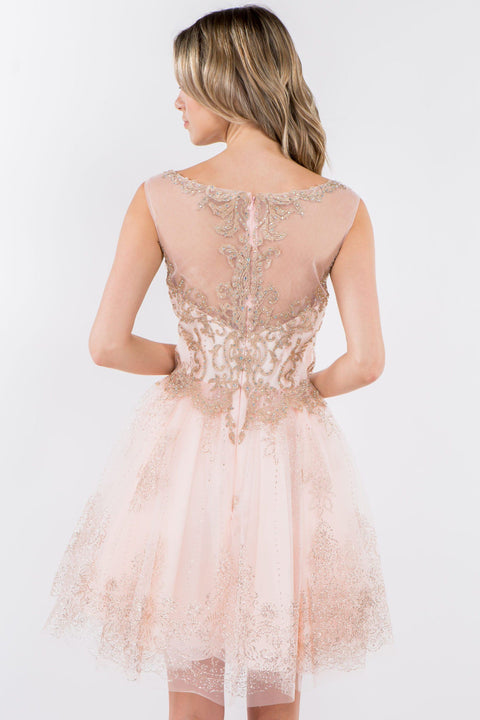 Elizabeth K GS1964: Short Dress with Illusion Neckline and Glitter Print