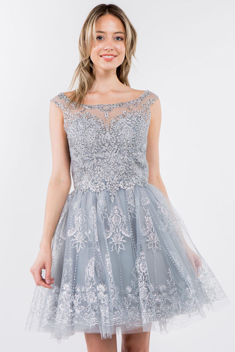 Elizabeth K GS1964: Short Dress with Illusion Neckline and Glitter Print