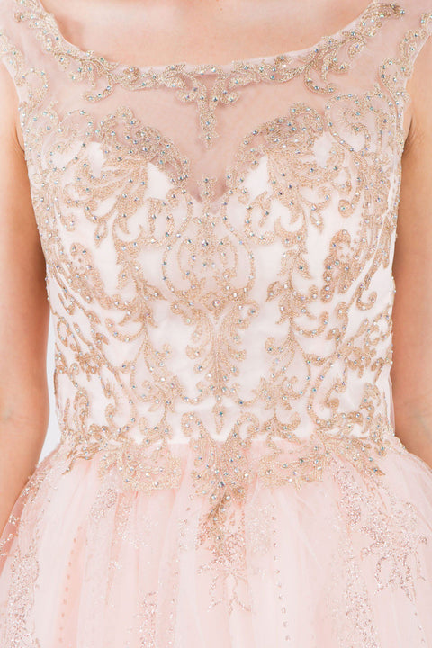 Elizabeth K GS1964: Short Dress with Illusion Neckline and Glitter Print