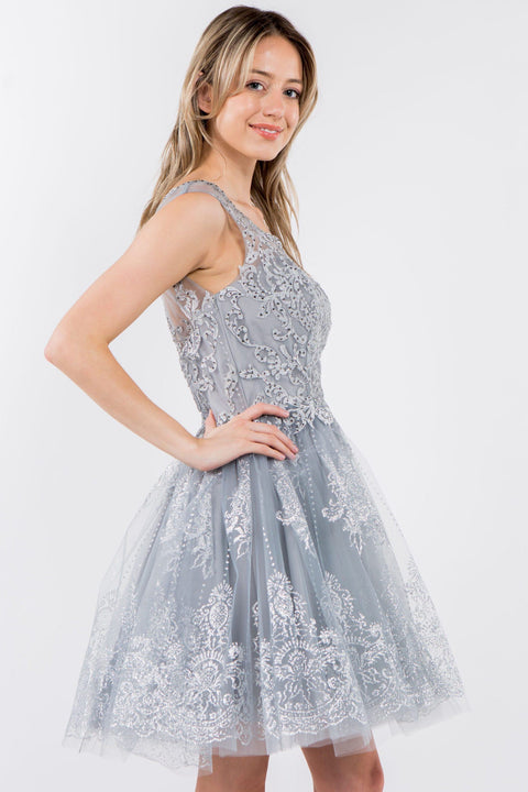 Elizabeth K GS1964: Short Dress with Illusion Neckline and Glitter Print