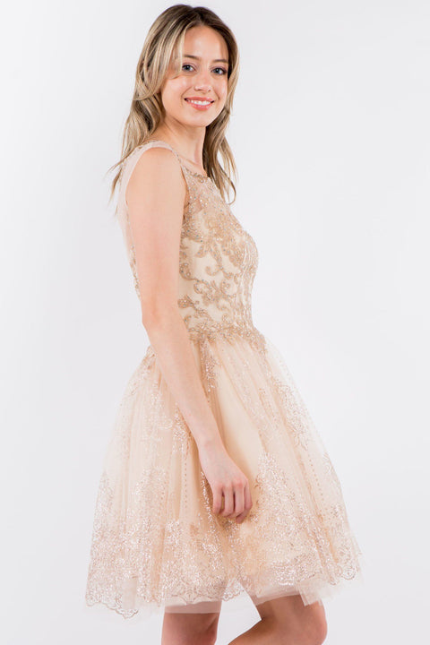 Elizabeth K GS1964: Short Dress with Illusion Neckline and Glitter Print