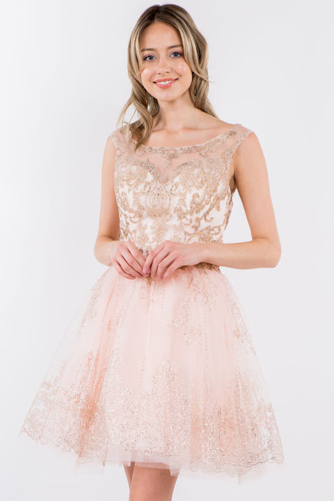 Elizabeth K GS1964: Short Dress with Illusion Neckline and Glitter Print