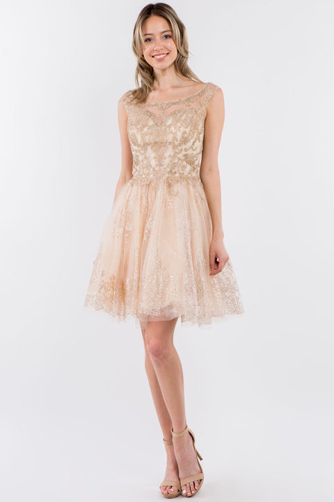 Elizabeth K GS1964: Short Dress with Illusion Neckline and Glitter Print