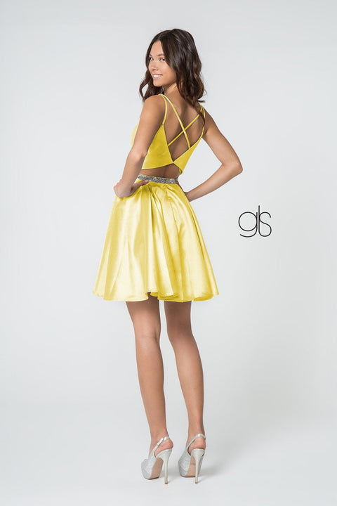 Elizabeth K GS2843: Deep V-Neck Satin Dress with Short Length