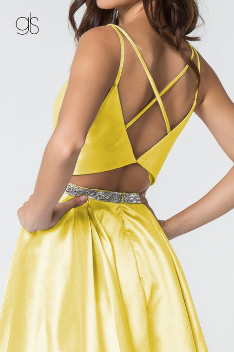 Elizabeth K GS2843: Deep V-Neck Satin Dress with Short Length