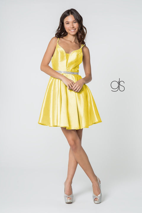 Elizabeth K GS2843: Deep V-Neck Satin Dress with Short Length