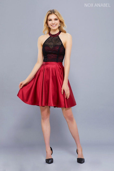 Short Satin Lace Bodice Halter Dress by Nox Anabel 6217