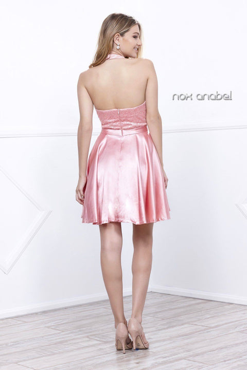 Short Satin Lace Bodice Halter Dress by Nox Anabel 6217