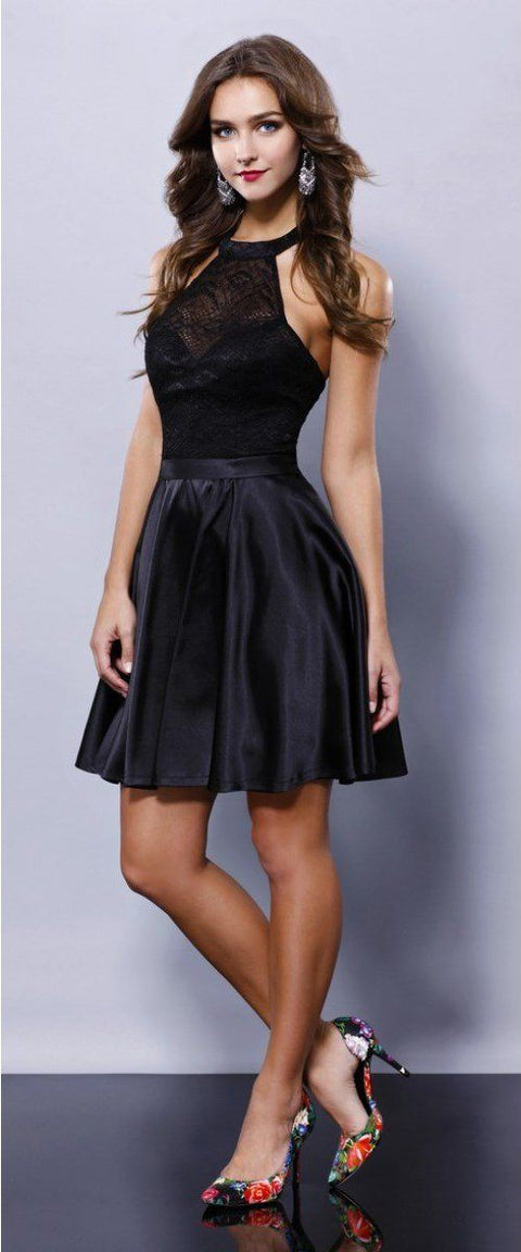 Short Satin Lace Bodice Halter Dress by Nox Anabel 6217