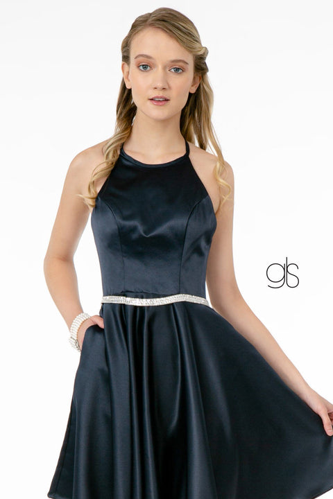 Short Satin High-Neck Halter Dress by Elizabeth K GS2851