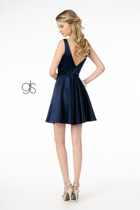 Short Satin V-Neck Dress with Pockets by Elizabeth K GS2854