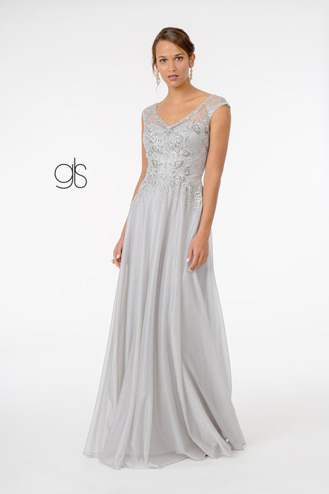 Elizabeth K GL1826: Long Chiffon Dress with Cap Sleeves