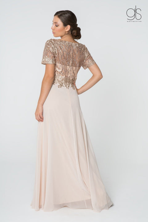 Elizabeth K GL2826: Gown with Short Sleeves and Glitter Lace Bodice