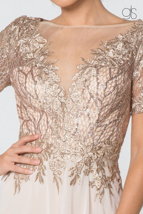Elizabeth K GL2826: Gown with Short Sleeves and Glitter Lace Bodice