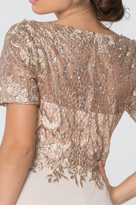 Elizabeth K GL2826: Gown with Short Sleeves and Glitter Lace Bodice