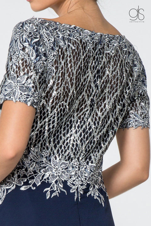 Elizabeth K GL2826: Gown with Short Sleeves and Glitter Lace Bodice