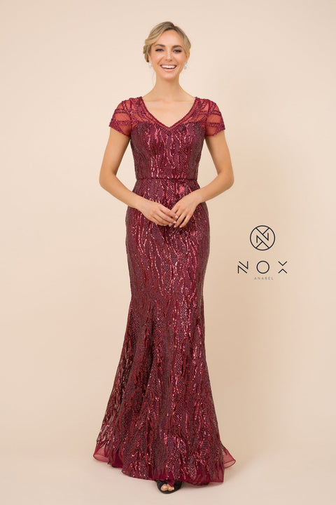 Short Sleeve Print Trumpet Gown with Sequins by Nox Anabel T419