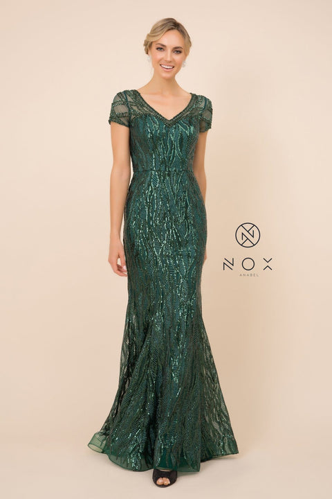 Short Sleeve Print Trumpet Gown with Sequins by Nox Anabel T419
