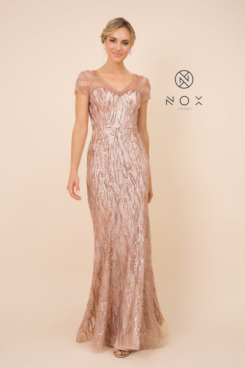 Short Sleeve Print Trumpet Gown with Sequins by Nox Anabel T419