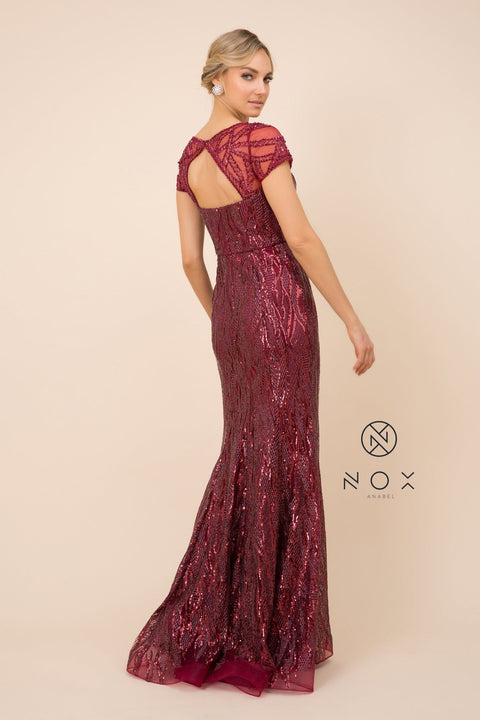 Short Sleeve Print Trumpet Gown with Sequins by Nox Anabel T419