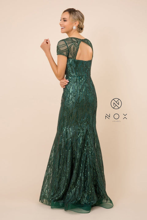 Short Sleeve Print Trumpet Gown with Sequins by Nox Anabel T419