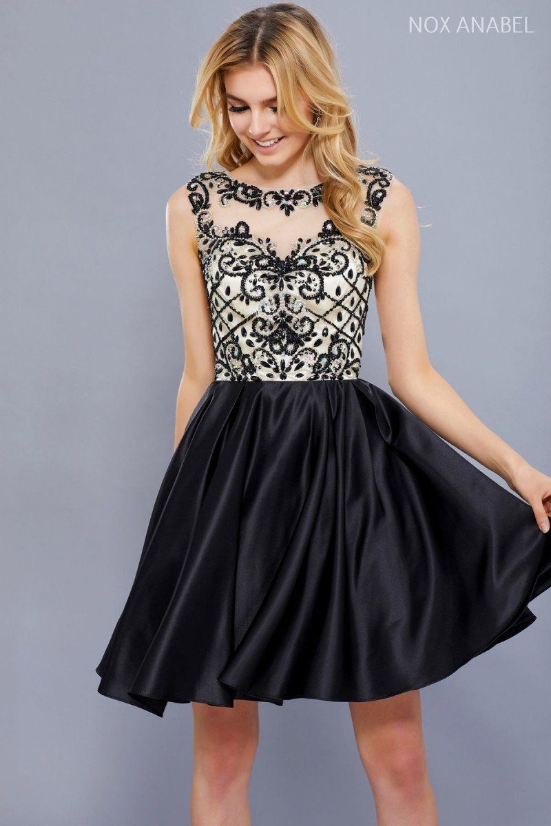 Short Sleeveless Beaded Bodice Dress by Nox Anabel 6059– sheerdreamz