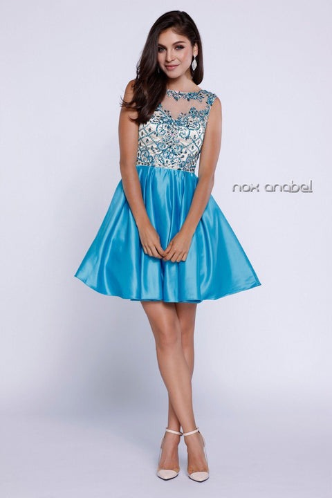 Short Sleeveless Beaded Bodice Dress by Nox Anabel 6059