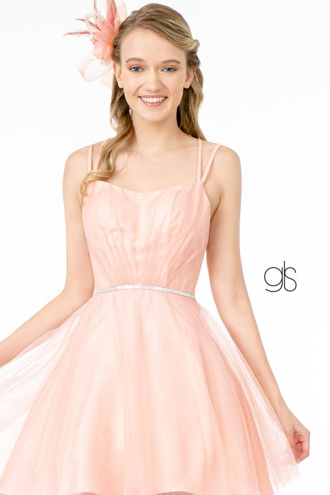 Elizabeth K GS2866: Mesh Dress with Short Length and Square Neckline