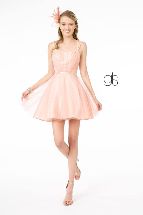 Elizabeth K GS2866: Mesh Dress with Short Length and Square Neckline