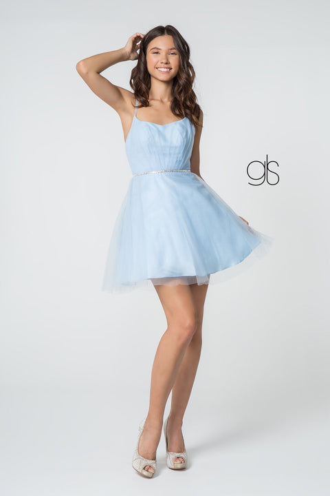 Elizabeth K GS2866: Mesh Dress with Short Length and Square Neckline