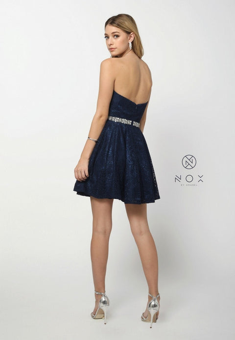 Short Strapless Lace Beaded Waist Dress by Nox Anabel 6358