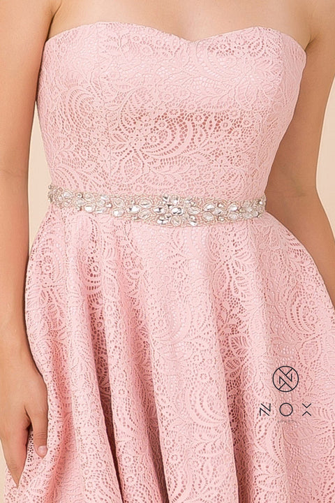 Short Strapless Lace Beaded Waist Dress by Nox Anabel 6358