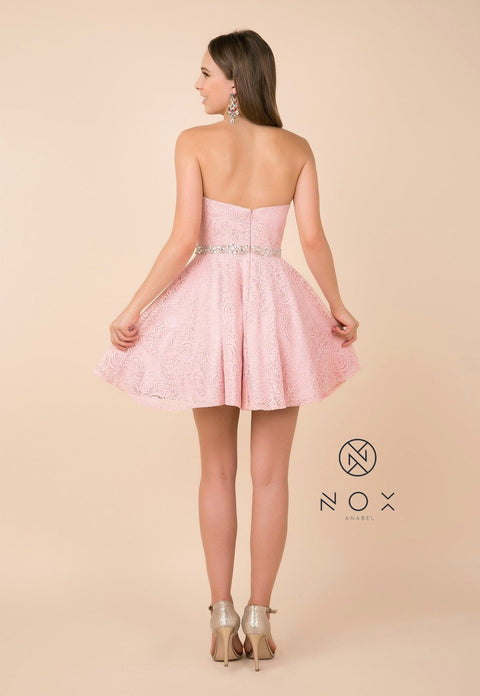 Short Strapless Lace Beaded Waist Dress by Nox Anabel 6358