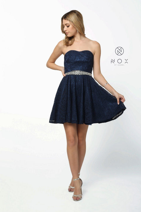 Short Strapless Lace Beaded Waist Dress by Nox Anabel 6358