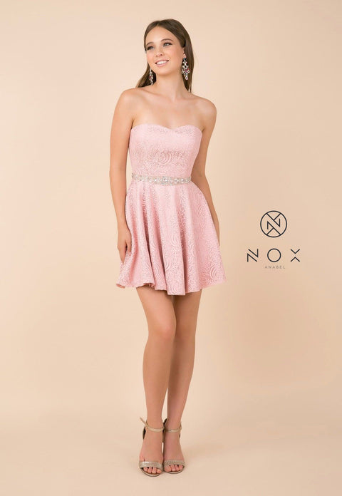 Short Strapless Lace Beaded Waist Dress by Nox Anabel 6358