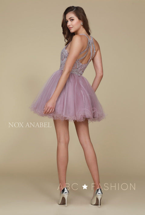 Short Tulle Bodice Dress with Embroidered Appliques by Nox Anabel B652