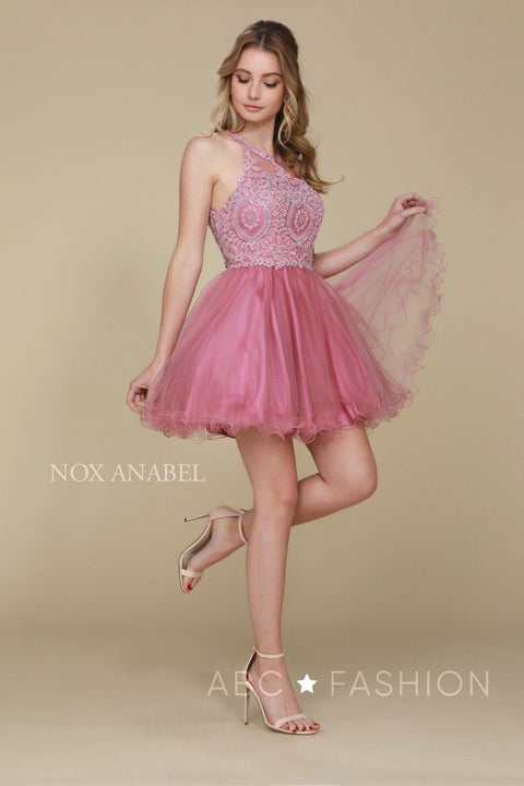 Short Tulle Bodice Dress with Embroidered Appliques by Nox Anabel B652