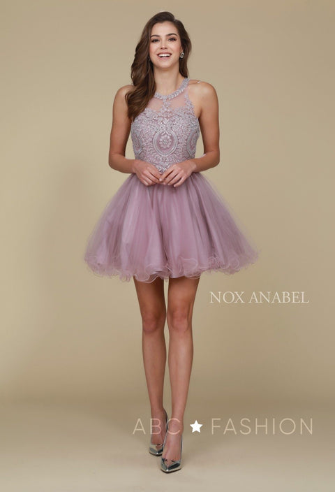 Short Tulle Bodice Dress with Embroidered Appliques by Nox Anabel B652