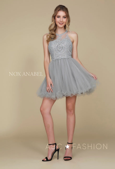Short Tulle Bodice Dress with Embroidered Appliques by Nox Anabel B652