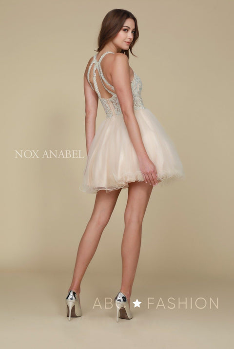Short Tulle Bodice Dress with Embroidered Appliques by Nox Anabel B652