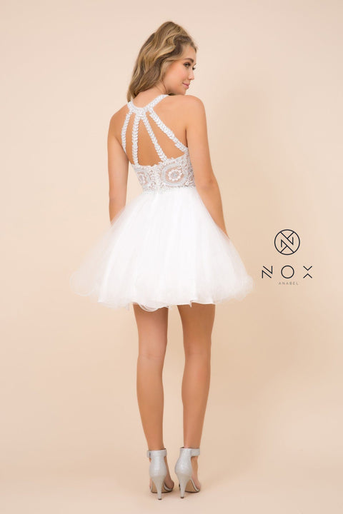 Short Tulle Bodice Dress with Embroidered Appliques by Nox Anabel B652