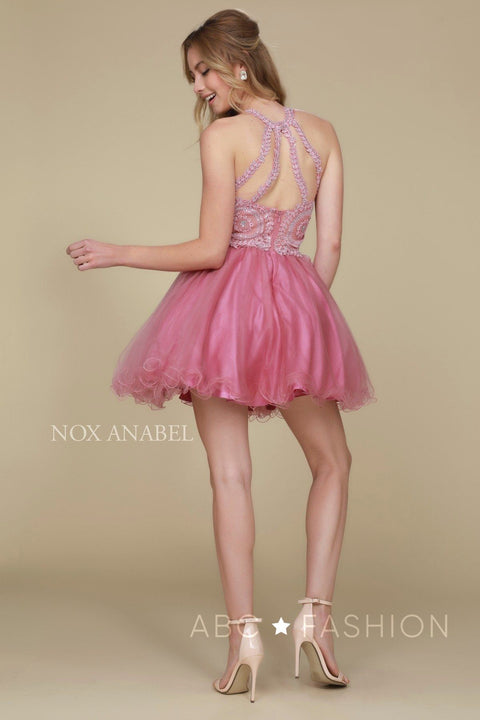 Short Tulle Bodice Dress with Embroidered Appliques by Nox Anabel B652