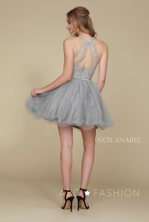 Short Tulle Bodice Dress with Embroidered Appliques by Nox Anabel B652
